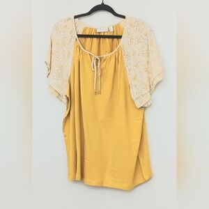 Susan Graver Top* Women's Size XL Yellow Pure Cotton Knit Slub Short Sleeve NEW